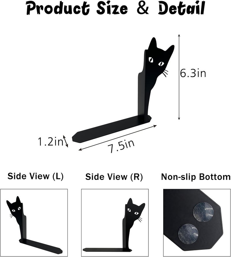 Ecqizer Peeping Cat Metal Bookends Cute Cat Book Ends for Shelves Bookshelf Decorative Objects Home Office Desk Bookshelf Decor Cat Lover Gifts for Women (Black) - Image 2